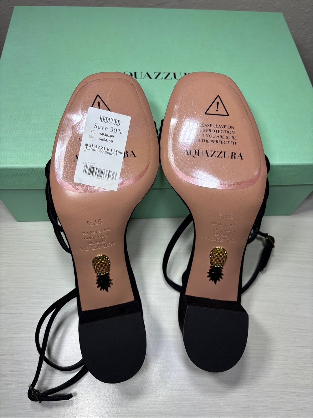 Aquazzura Latour 50 Black
Suede Strappy Block Heel Sandals
- Size 37.5 NIB - Picture 9 of 10